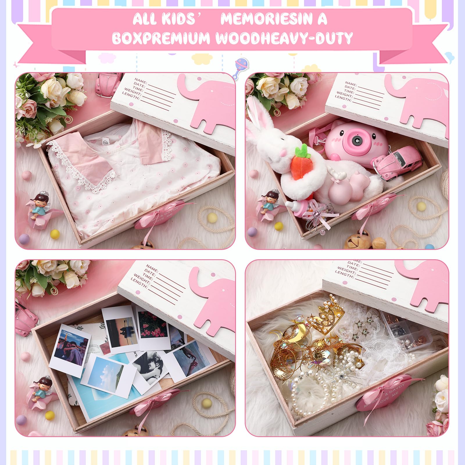 Soaoo pink elephant design highlights treasured birth details storage