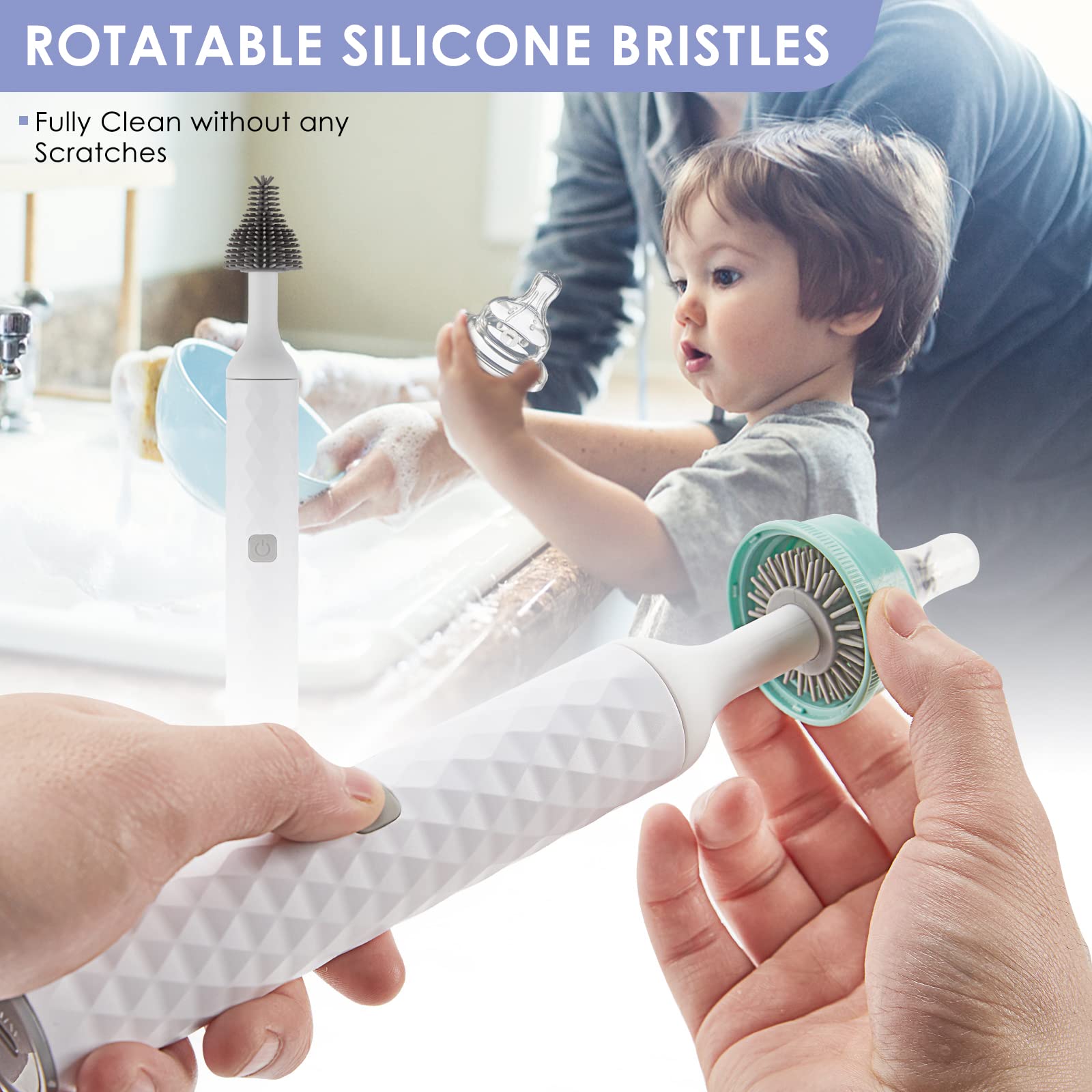 Soarup90000 silicone bristles close-up highlight thorough, scratch-free cleaning.