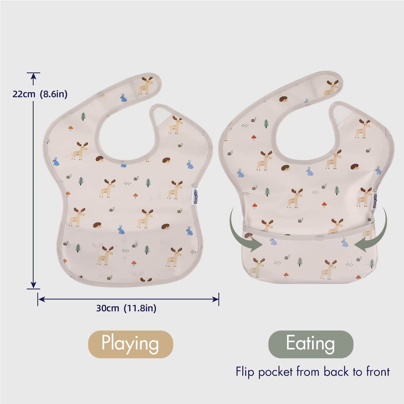 Soarwg Kids bibs with front pocket 3D opening catches spills effectively.