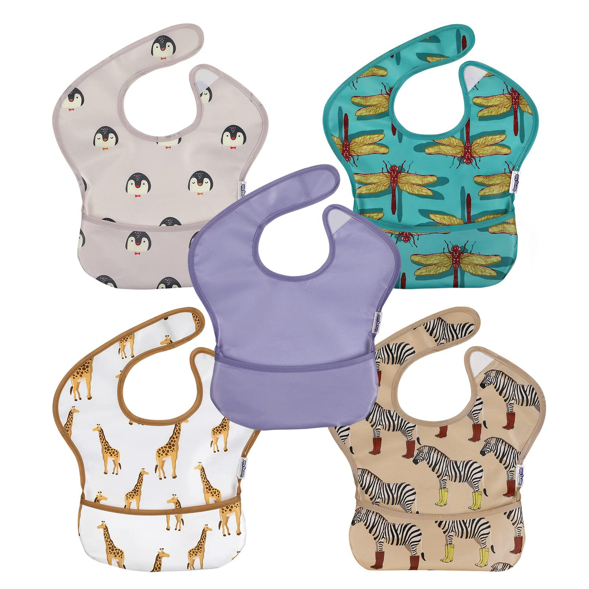 Soarwg Kids bibs with waterproof back pocket for spills during meals.