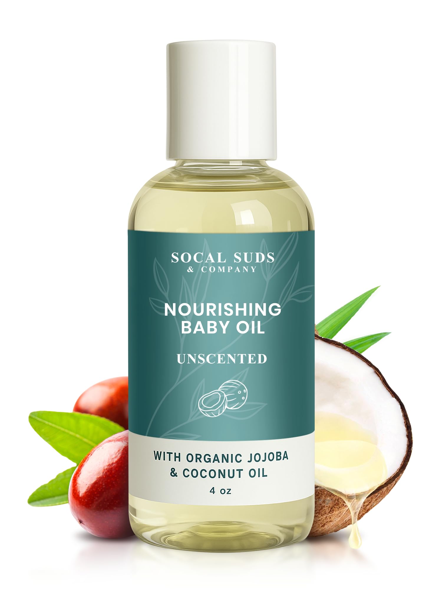 SoCal Suds & Company fragrance-free baby oil bottle offers gentle hydration for newborn skin.