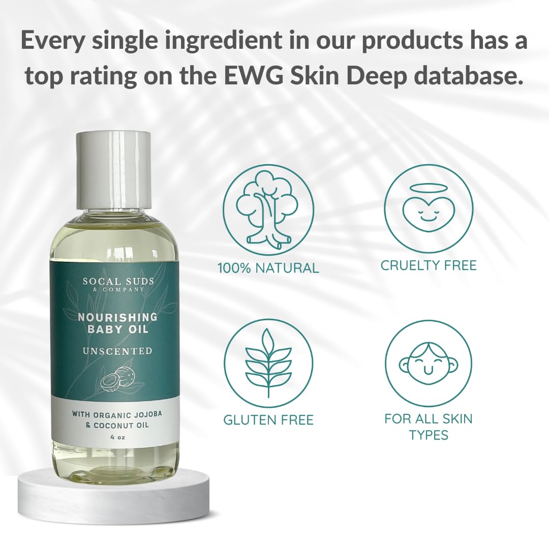 SoCal Suds & Company oil in hand shows quick absorption for baby skin care.