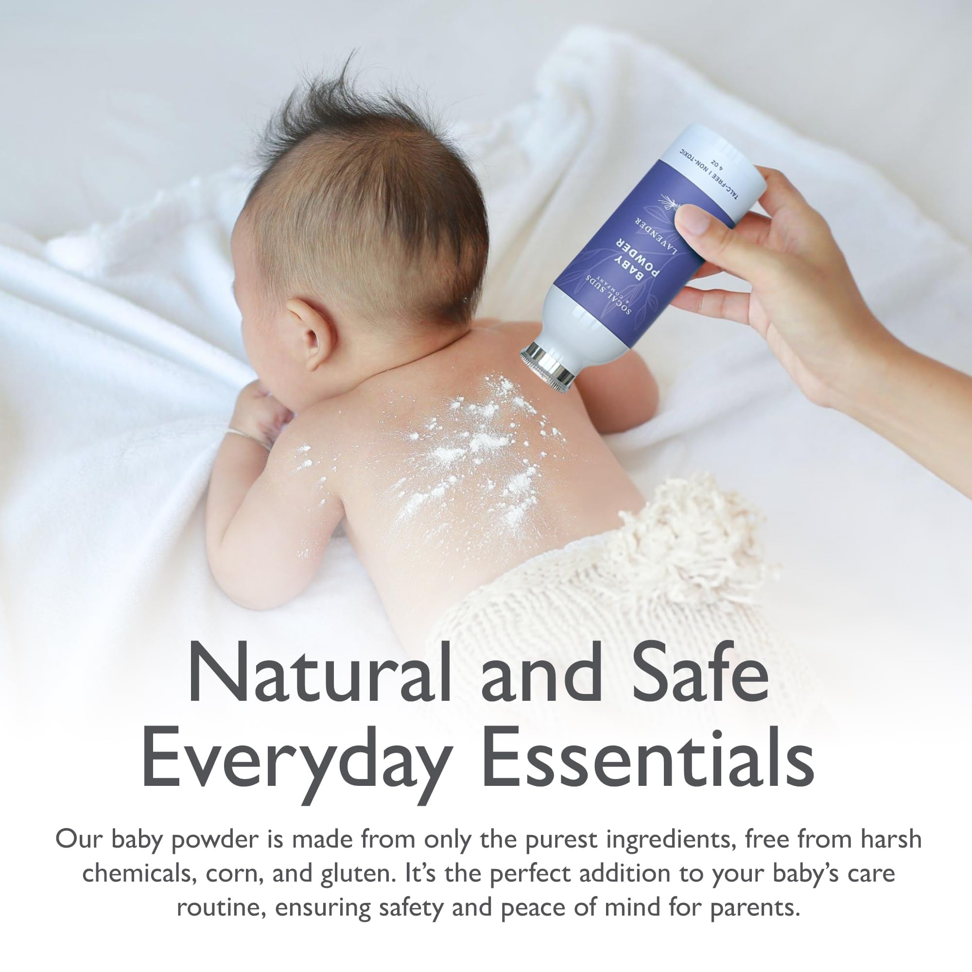 SoCal Suds & Company ingredient icons emphasize arrowroot, kaolin, lavender for natural care