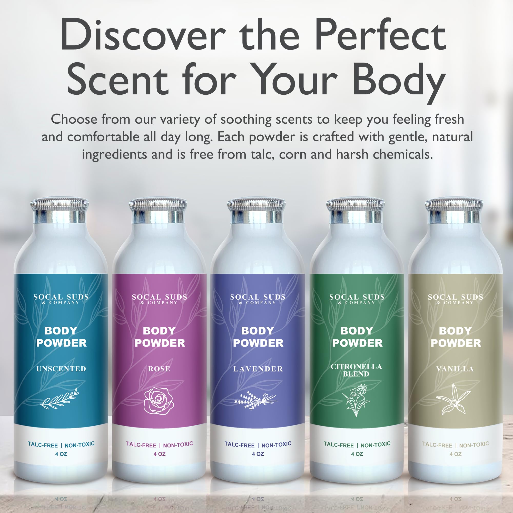 SoCal Suds & Company lavender powder applied to skin for a refreshing feel