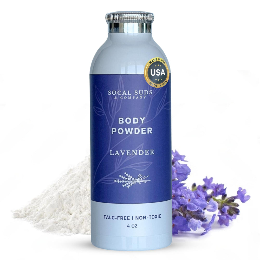 SoCal Suds & Company lavender body powder bottle shows talc-free formula for soft, comfortable skin