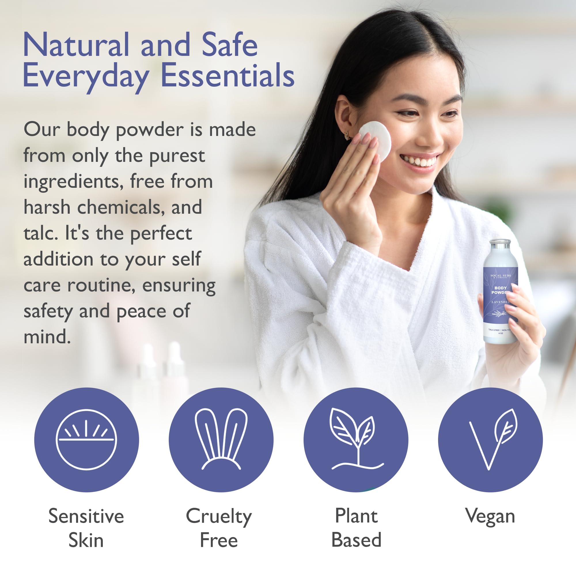 SoCal Suds & Company lavender powder close-up reveals arrowroot and kaolin texture