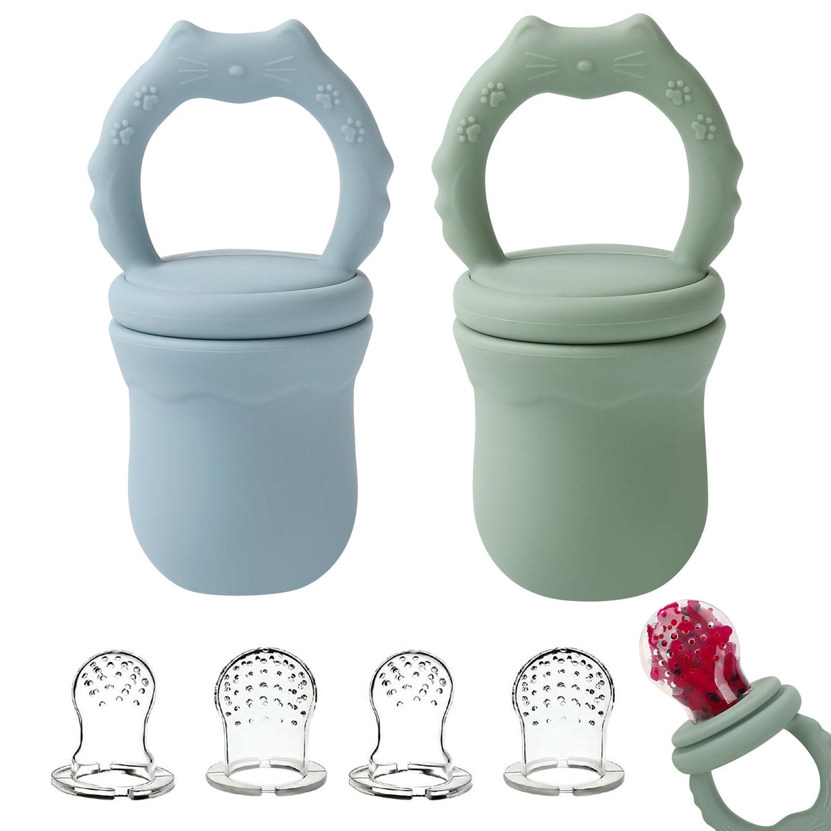 Socub 2-pack silicone baby feeder set in Sage and Ether for teething and feeding