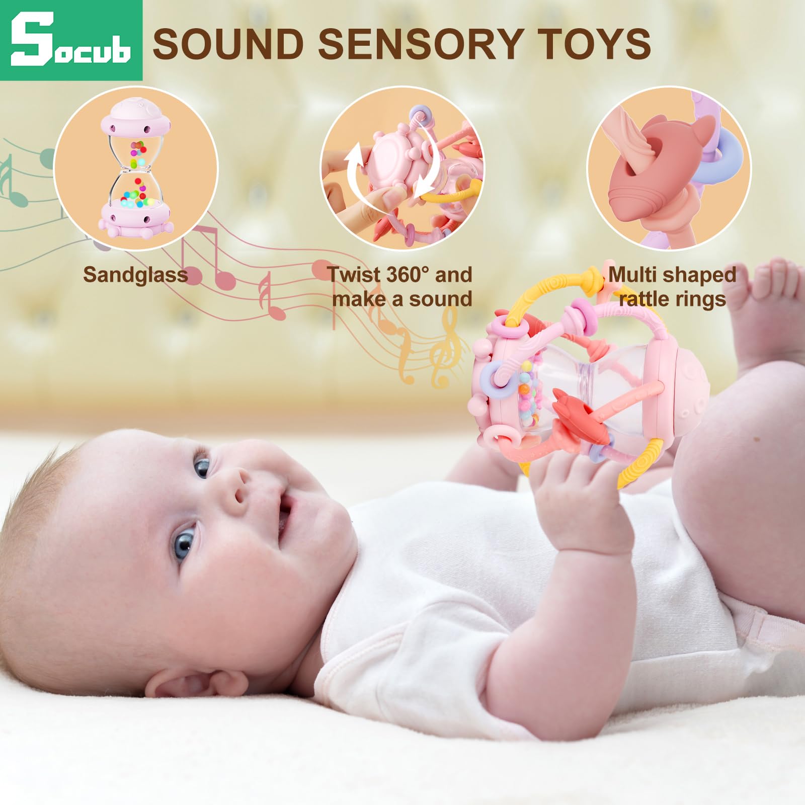 Socub pink moon-top teether with textured silicone for gum relief