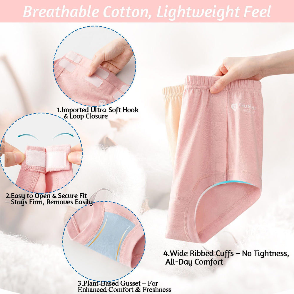 SOEDZUNG stick-on briefs showing easy access on sides for caregivers.