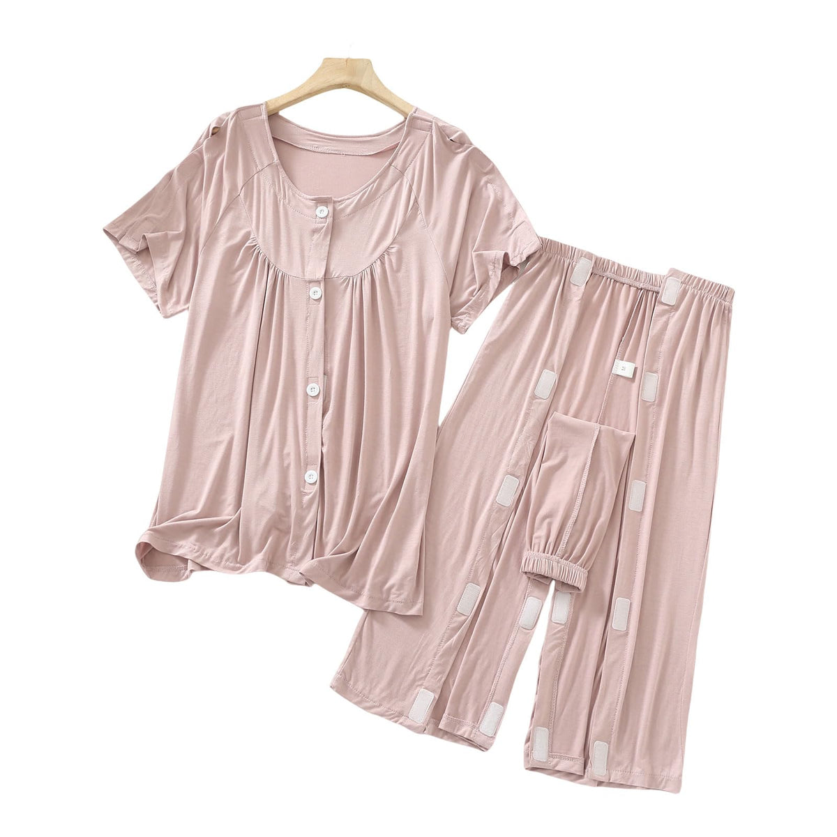 SOEDZUNG Tear Away outfit pink front view promotes comfortable recovery.