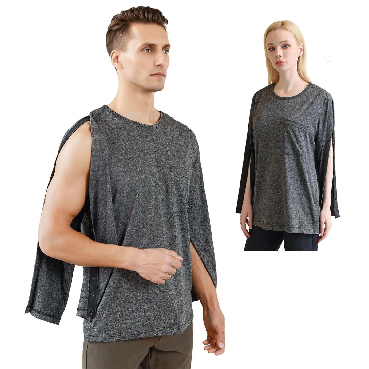 SOEDZUNG unisex recovery shirt in gray, front view, easy dressing for post-surgery days.