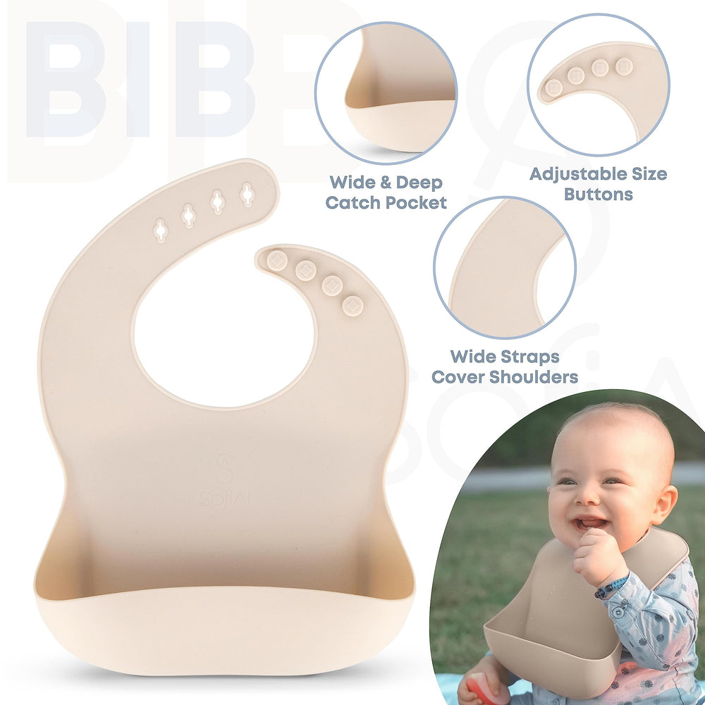 SofiAl adjustable bib catches messes and keeps outfits clean during meals