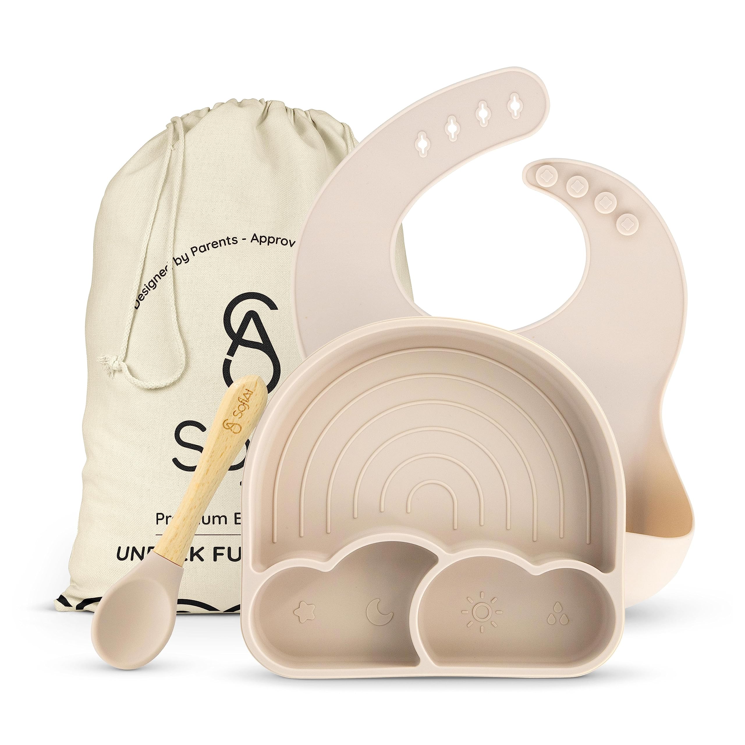 SofiAl all-in-one silicone baby feeding set suction plate helps reduce spills during meals