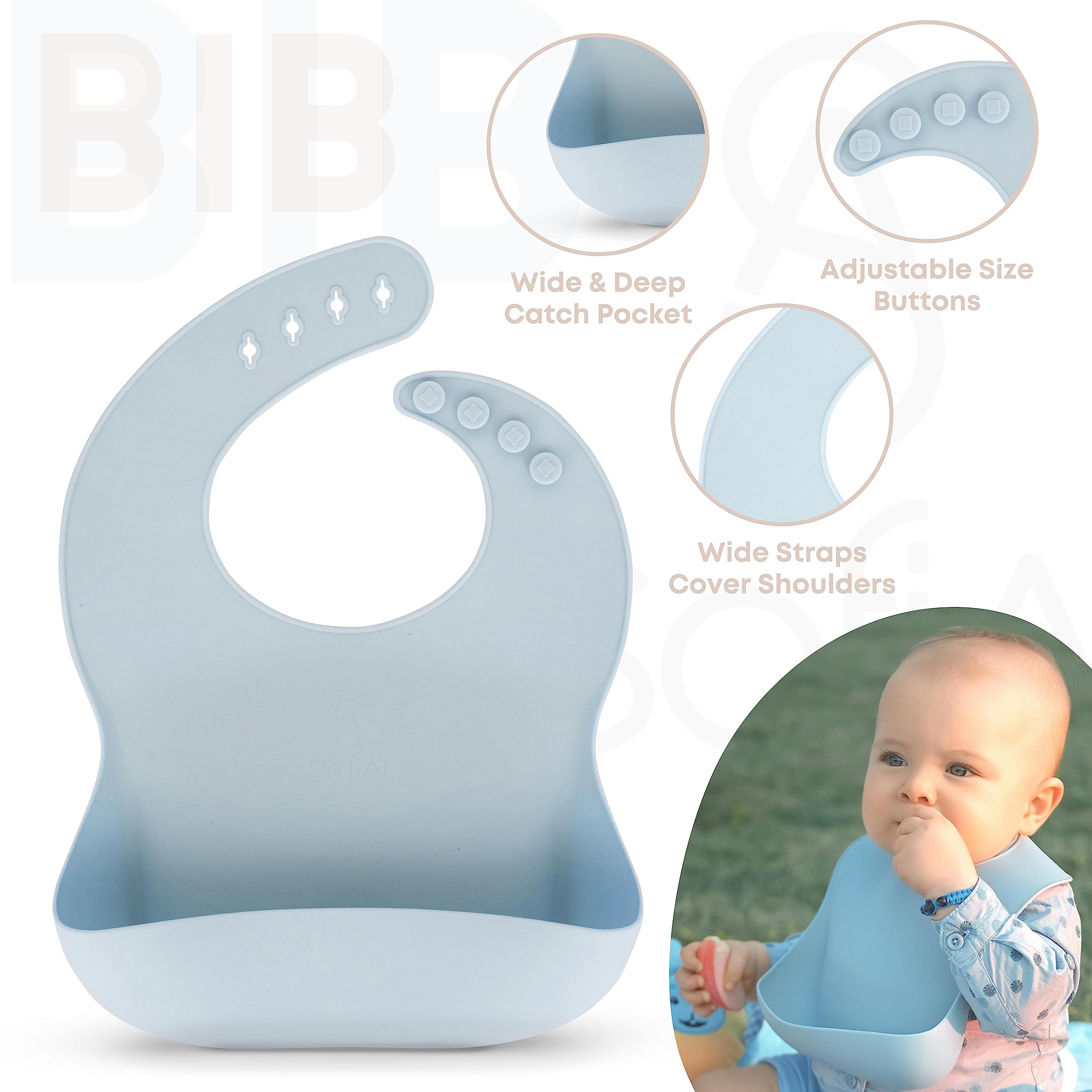SofiAl adjustable bib catching drips to keep clothing clean.