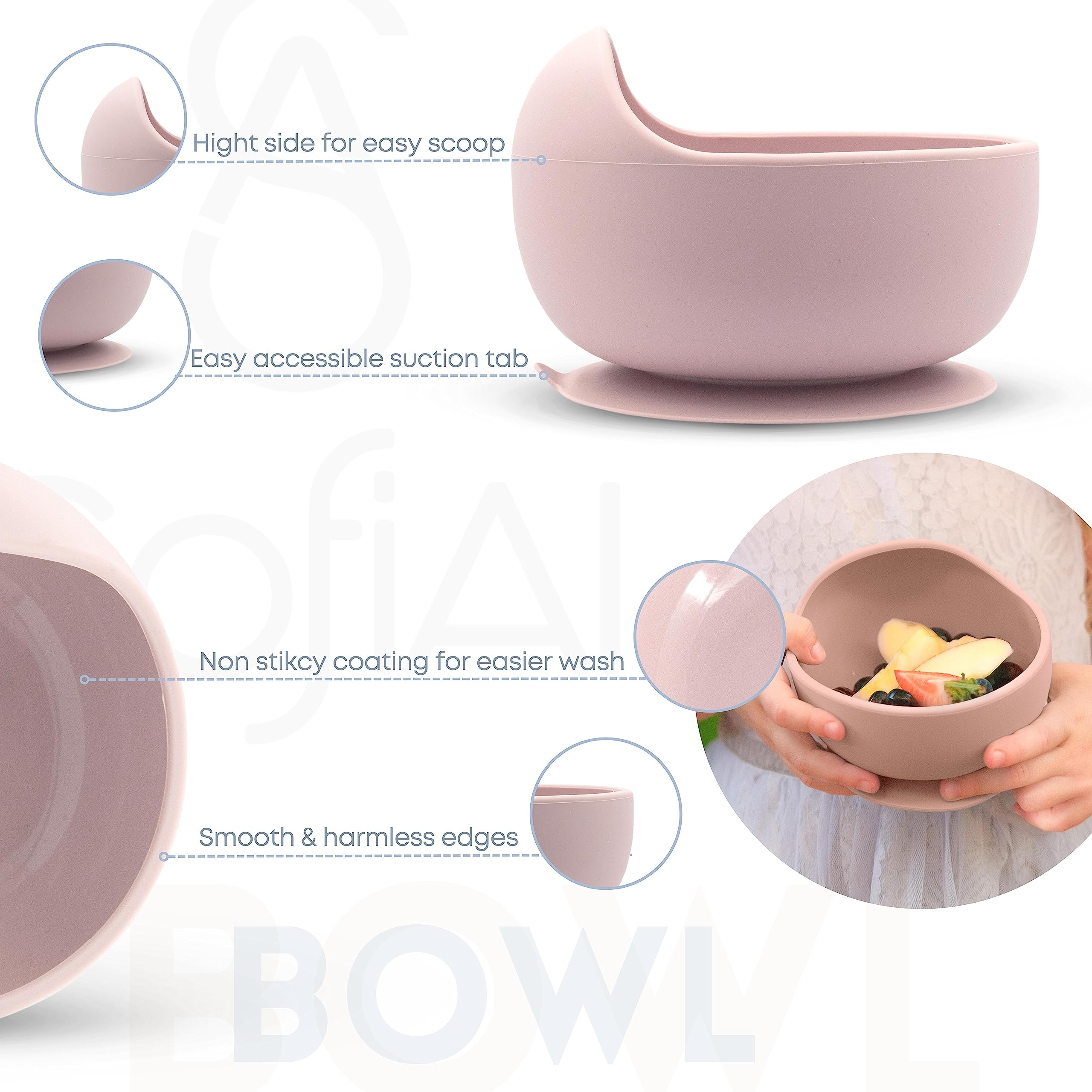 SofiAl adjustable bib catching drips during feeding.