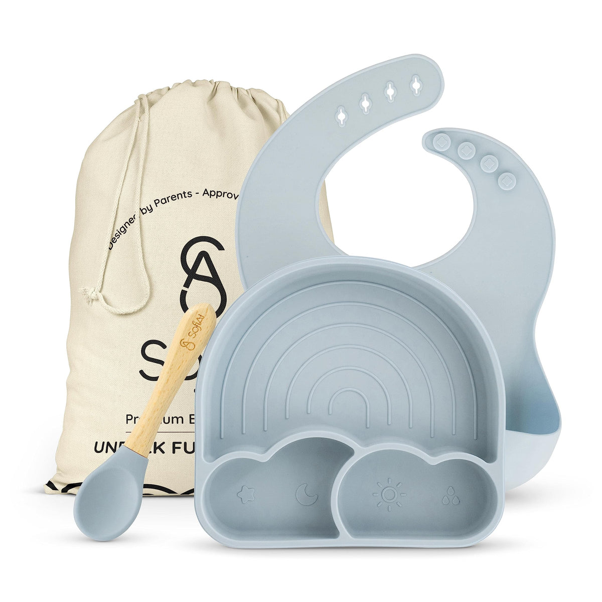 SofiAl all-in-one feeding set with suction plate for mess-free dining.