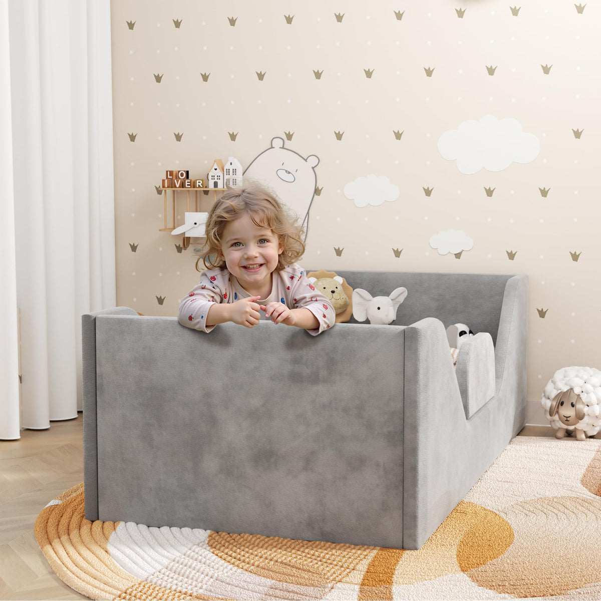 SOFTLYNICE Toddler Floor Bed rails in angled view showing safe, cozy sleep space.