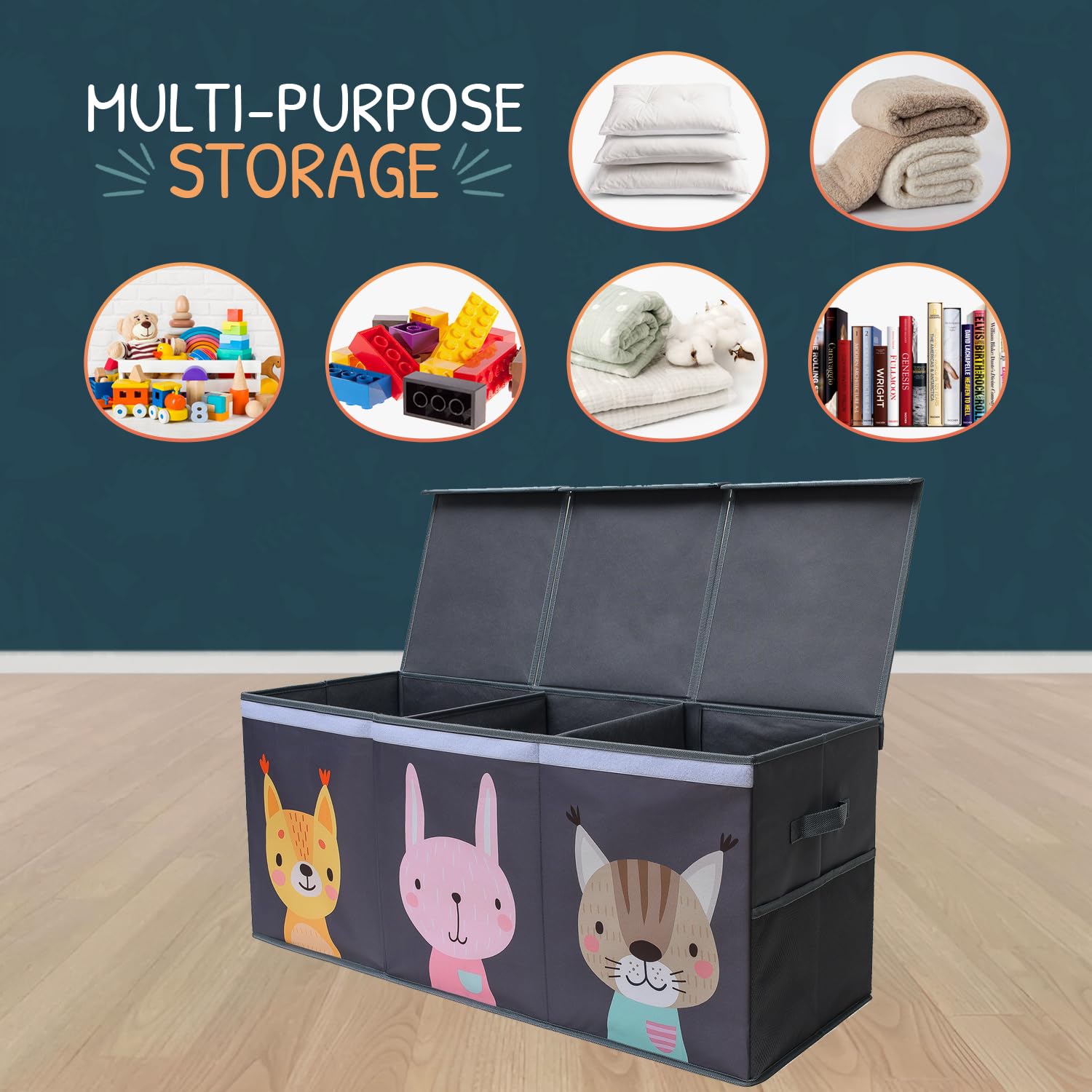 SoftOwl reinforced handles simplify moving the toy box across rooms.