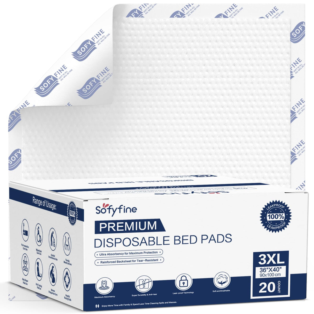 SofyFine 150g heavy-duty chucks 40x36 cover bed for all-night protection.