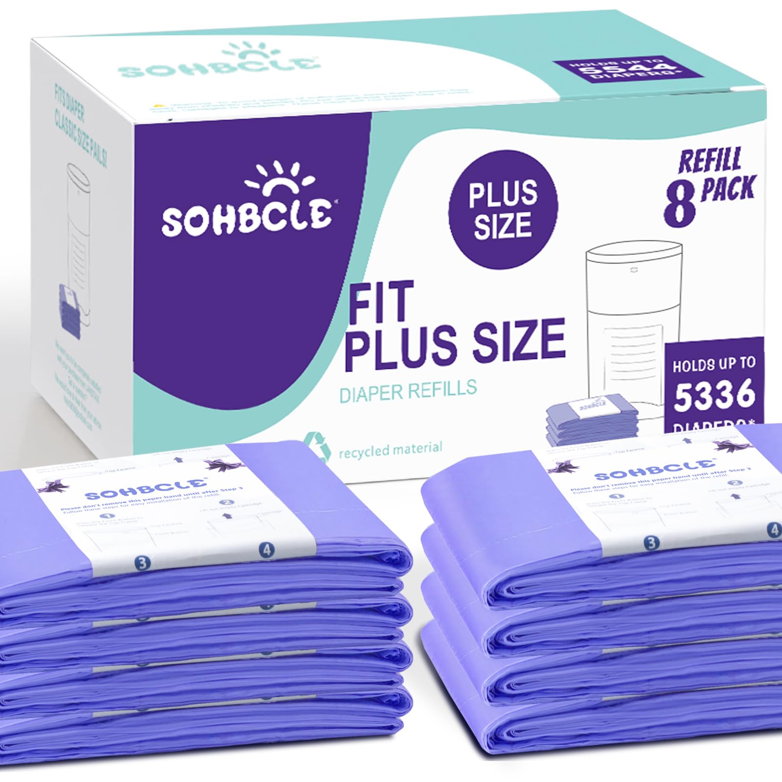 SOHBCLE Dekor Plus refill 8-pack with longer length for easier diaper disposal.