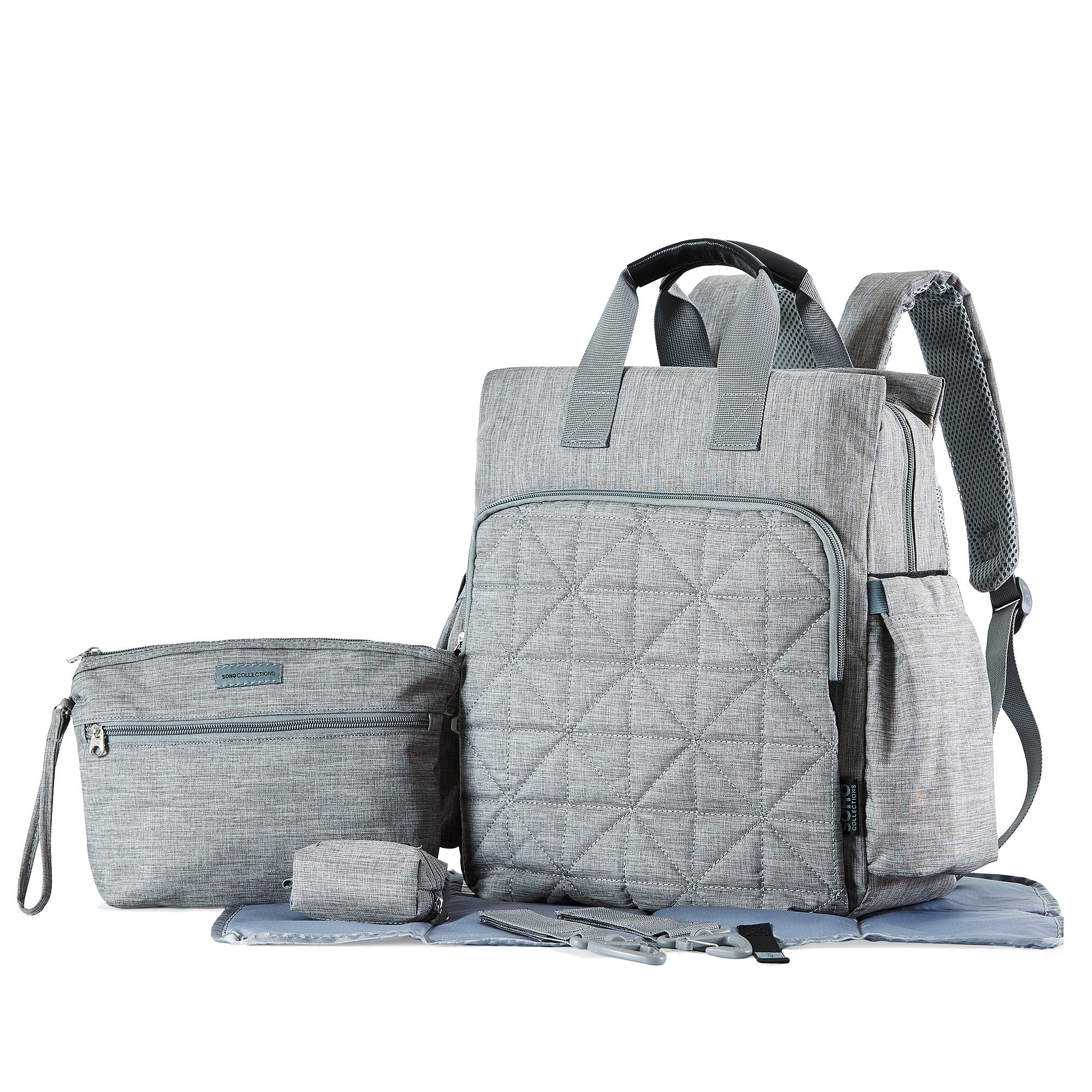 SoHo Designs Kenneth diaper backpack gray back view highlighting durable fabric