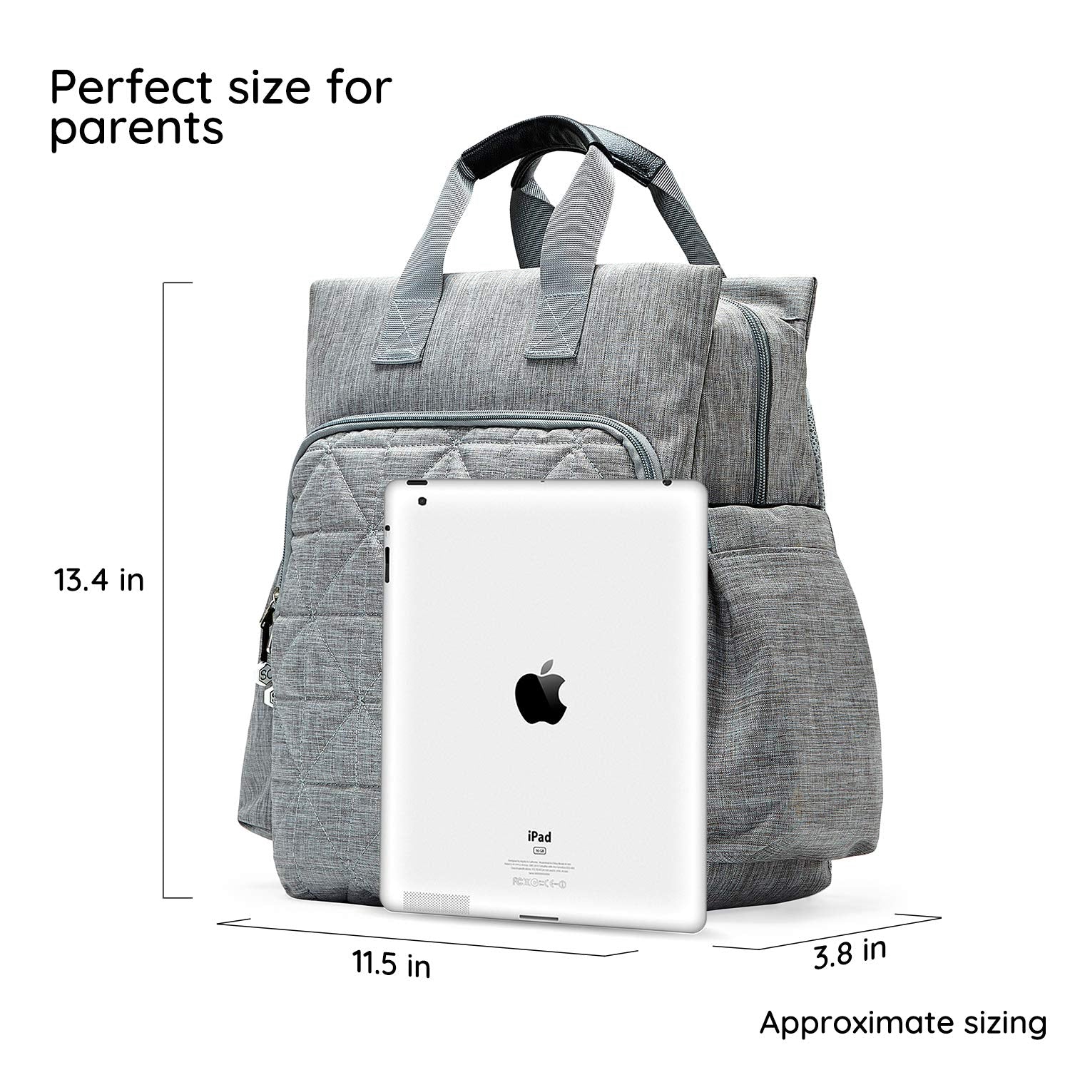 SoHo Designs Kenneth diaper backpack gray open main compartment for easy access
