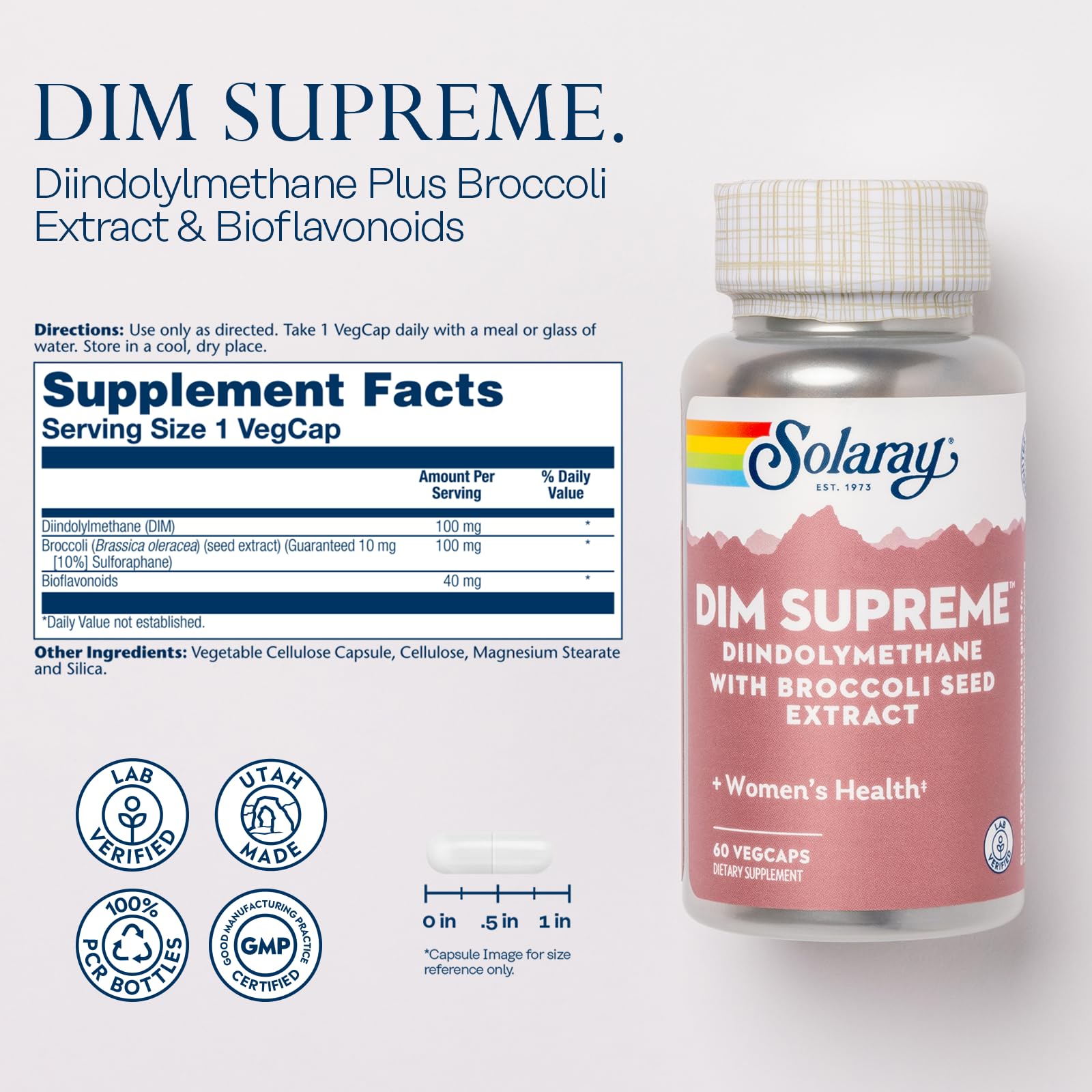 Close-up of SOLARAY DIM Supreme capsules showing the 100 mg DIM blend