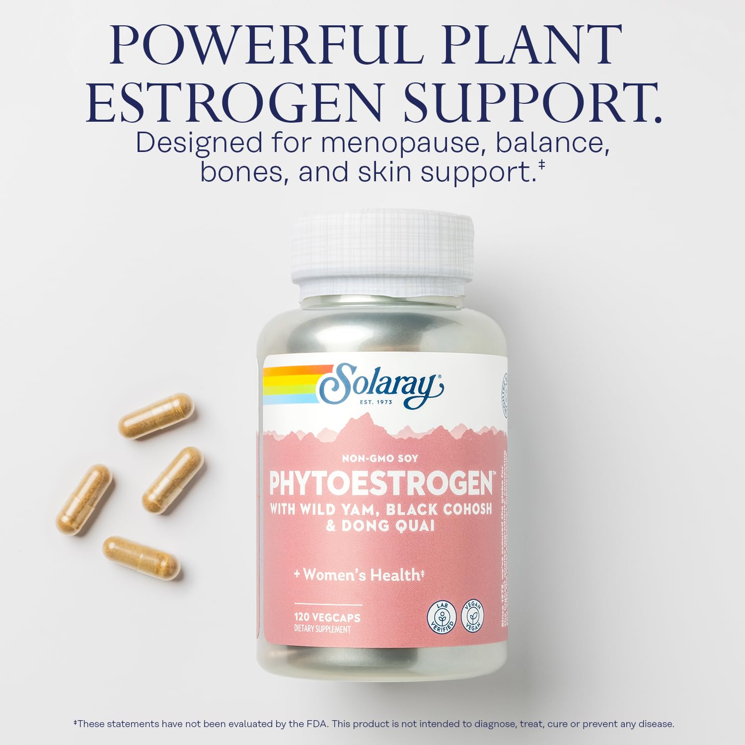 SOLARAY PhytoEstrogen bottle packaging showcases eco-friendly PCR container.