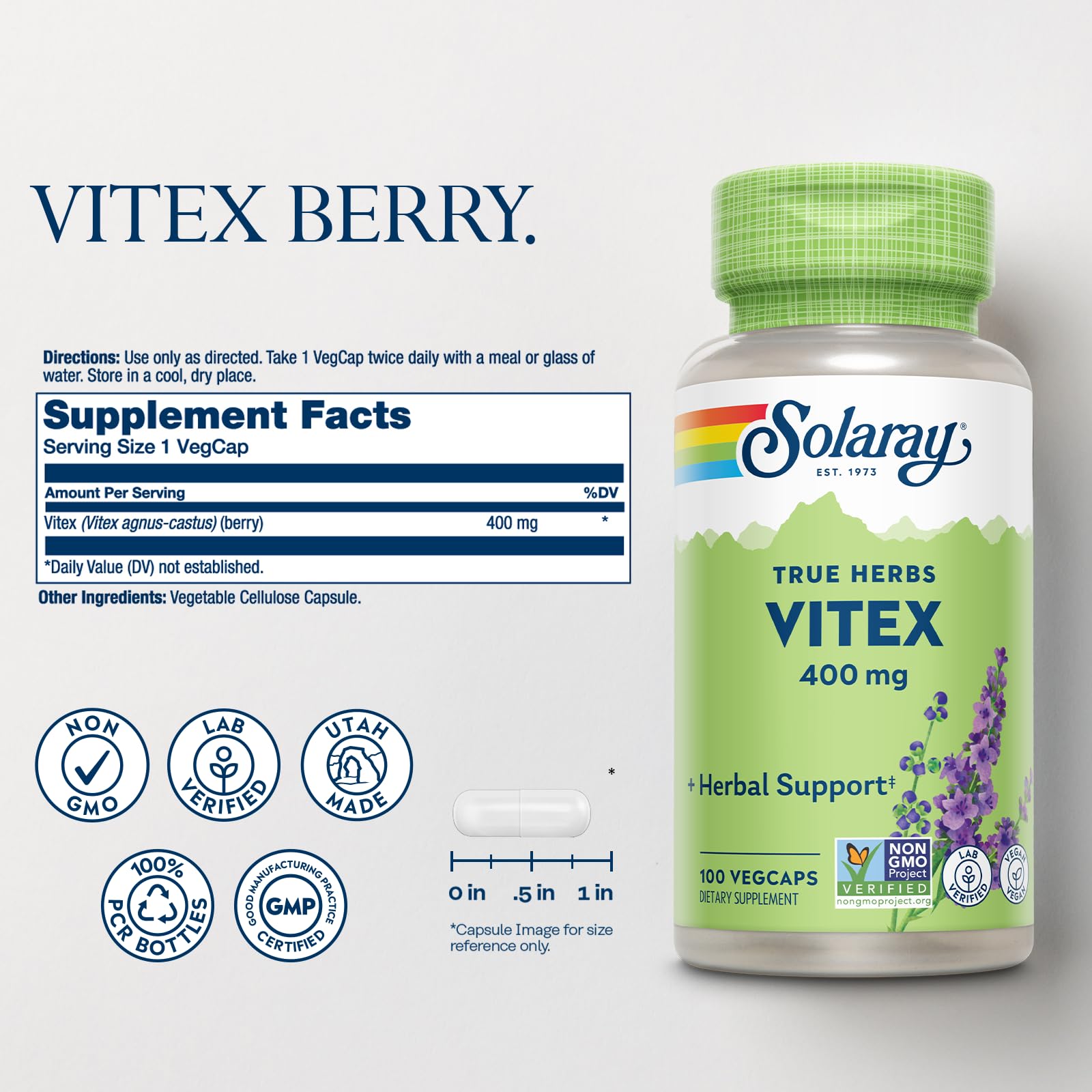 SOLARAY Vitex Berry 400mg capsules close-up for daily mood support.