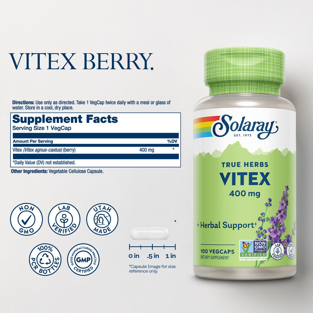 SOLARAY Vitex Berry 400mg capsules close-up for daily mood support.