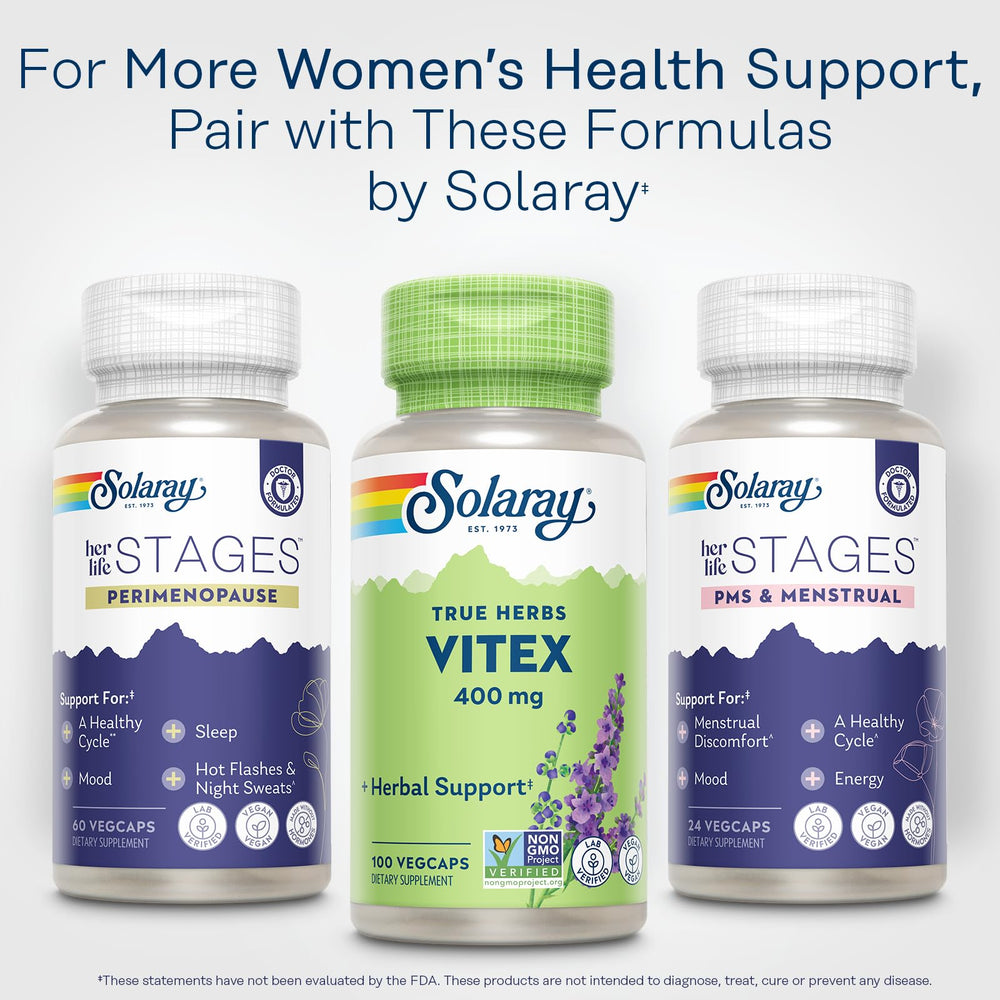 SOLARAY Vitex Berry 400mg capsules in hand for convenient daily use.