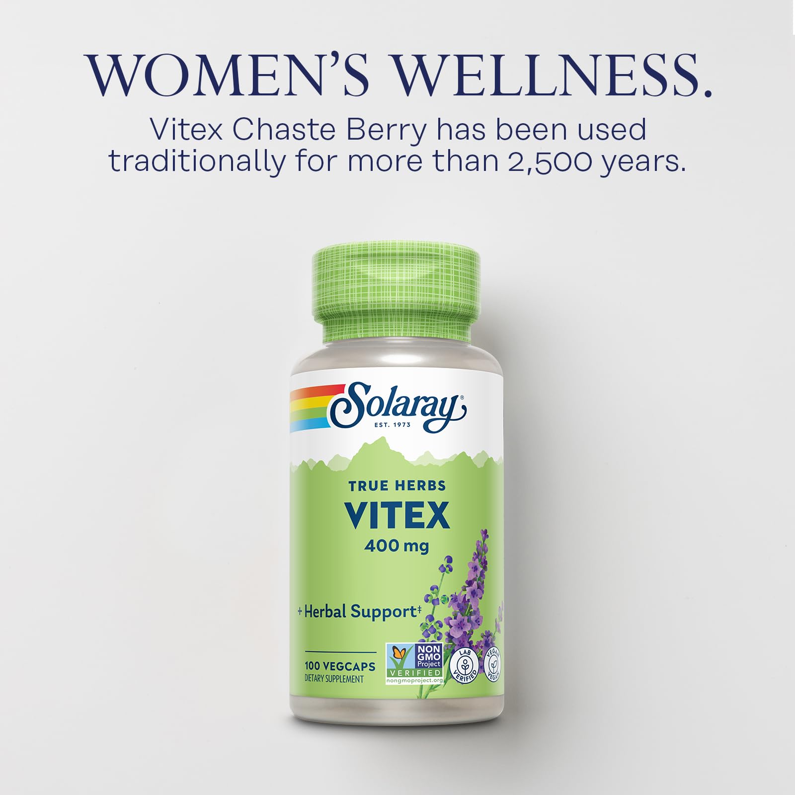 SOLARAY Vitex Berry 400mg label detail highlighting vegan non-GMO formula.