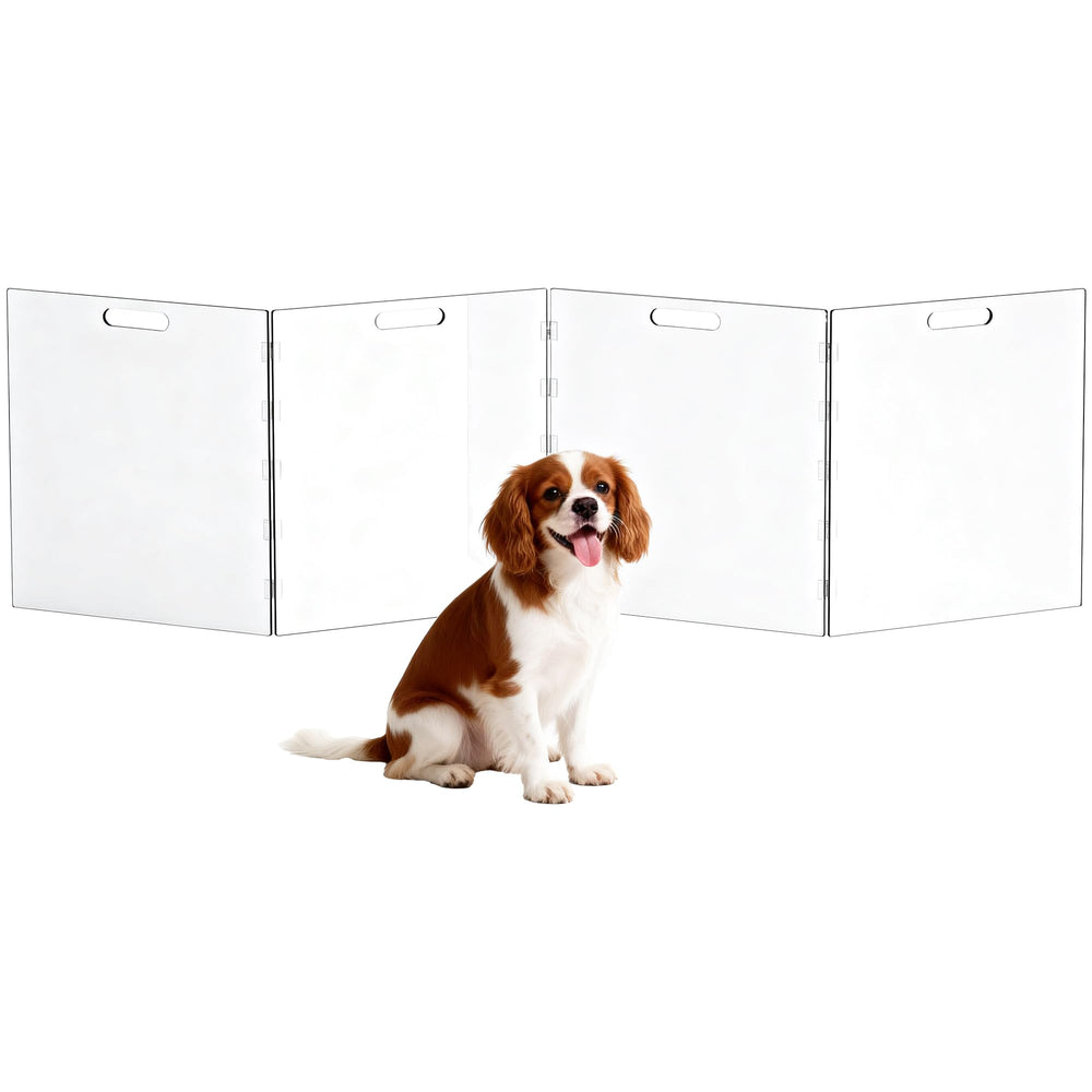 Solaround acrylic pet playpen gate for doorways with four panels, clear and supervised use.