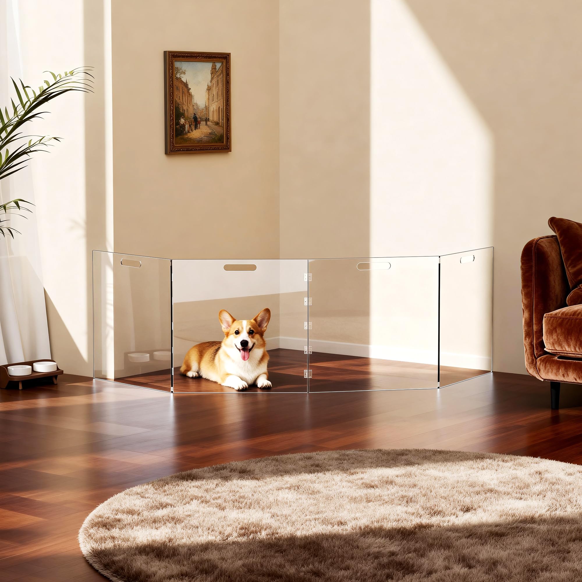 Solaround clear dog gate, foldable and portable for easy setup anywhere.