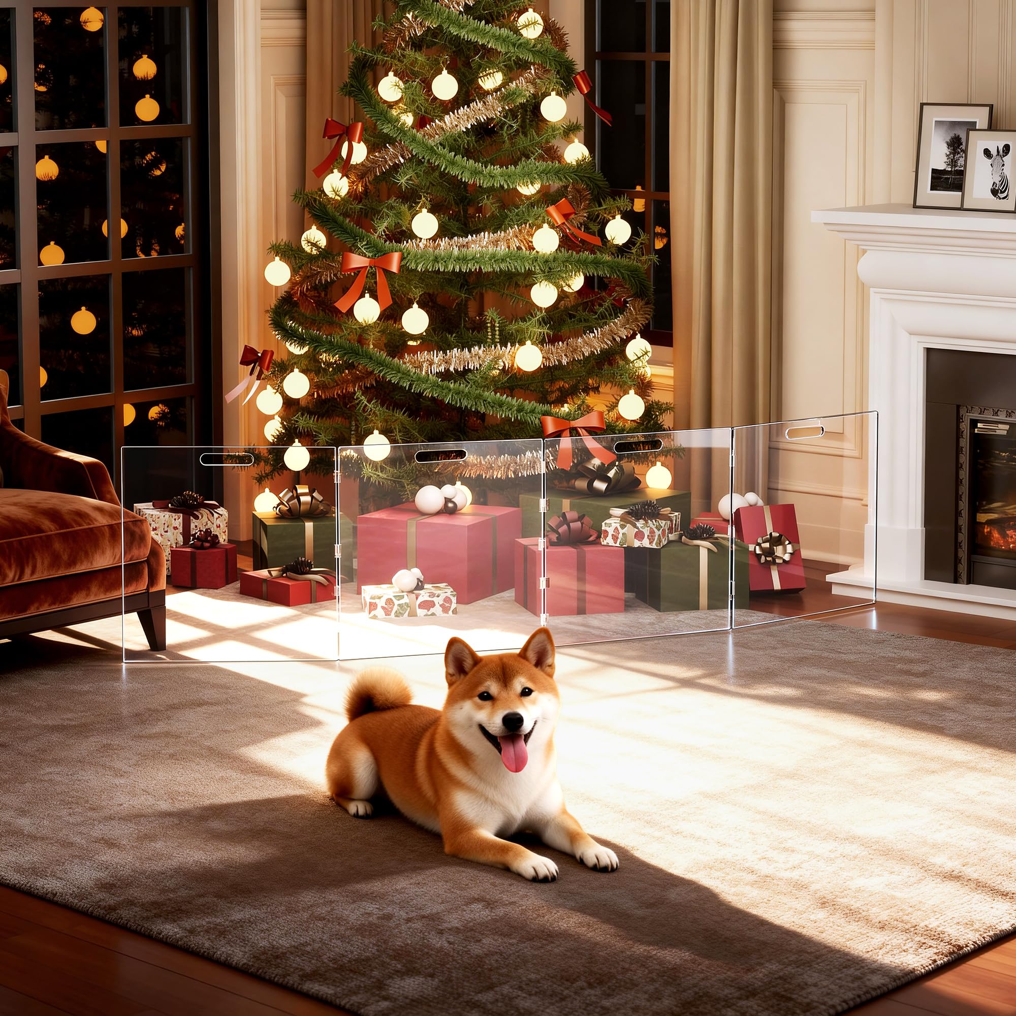 Solaround transparent design pet fence for interior use blends with decor.