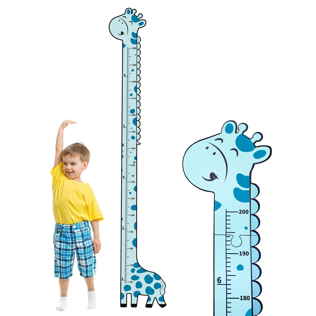 Soleim wooden growth chart with blue giraffe on wall for growth tracking and decor