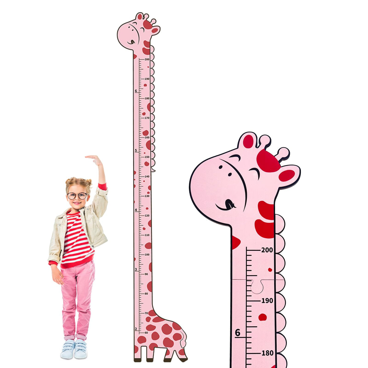 Soleim wooden growth chart with pink giraffe front view, ideal for nursery height tracking