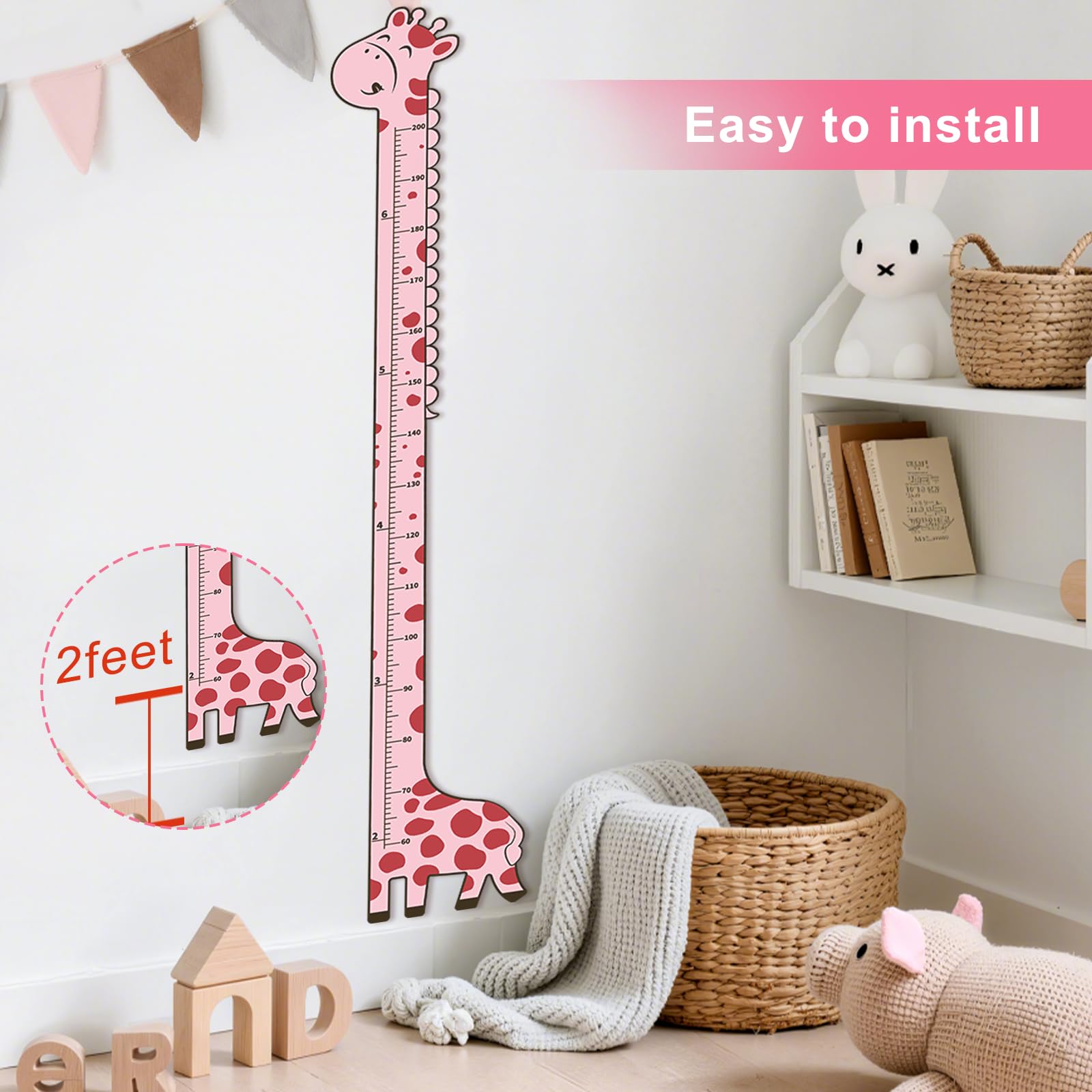 Soleim pink giraffe growth chart in a child's room as decor and height tracker