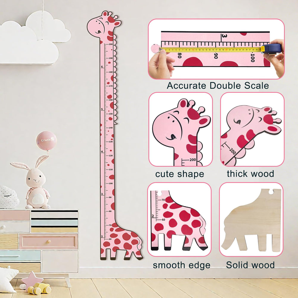 Soleim pink giraffe growth chart mounted on wall for neat room decor