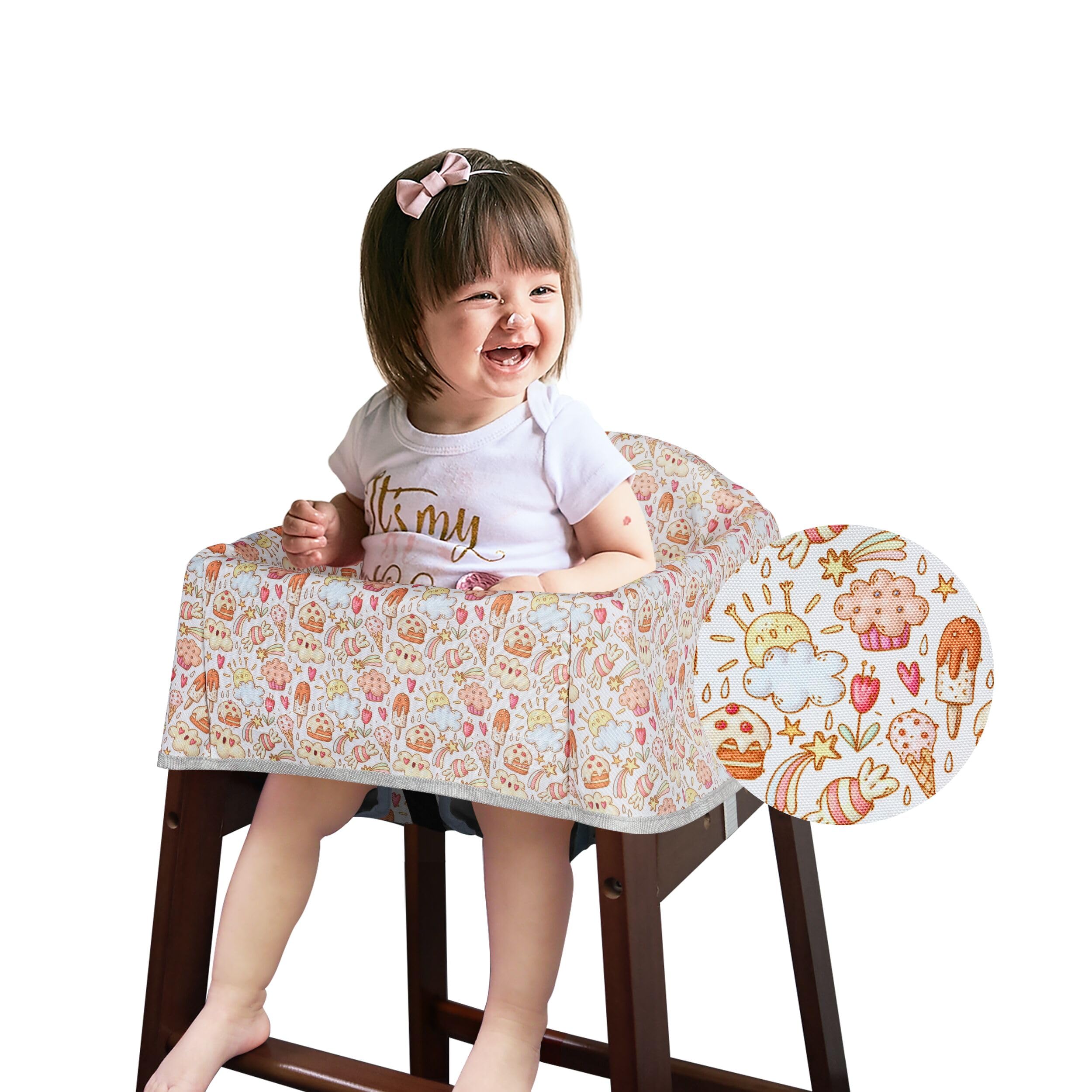 Solfres dual-belt high chair cover with back strap for stable seating.