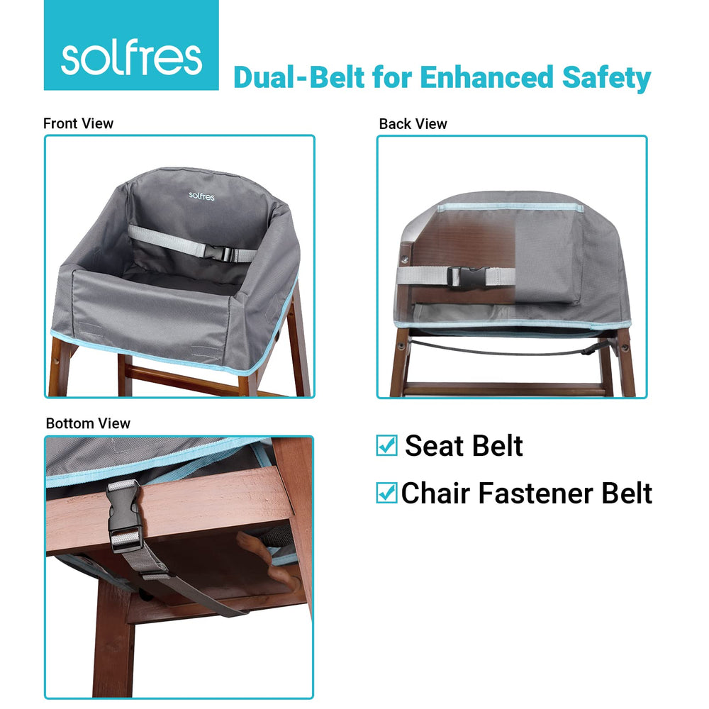 Solfres dual-belt high chair cover back view highlights extra safety strap