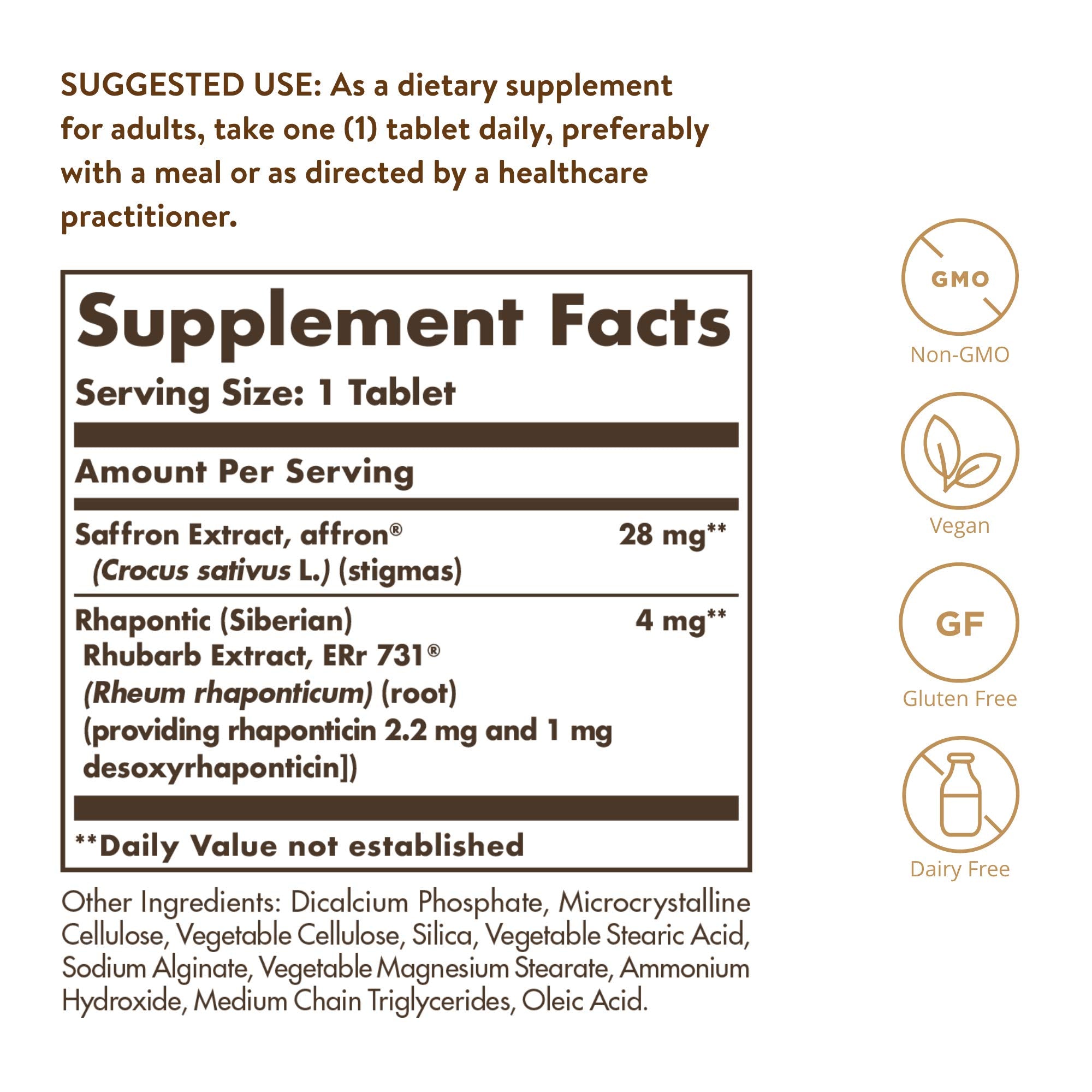 Solgar Menopause Relief bottle back view with dosage details for informed use.