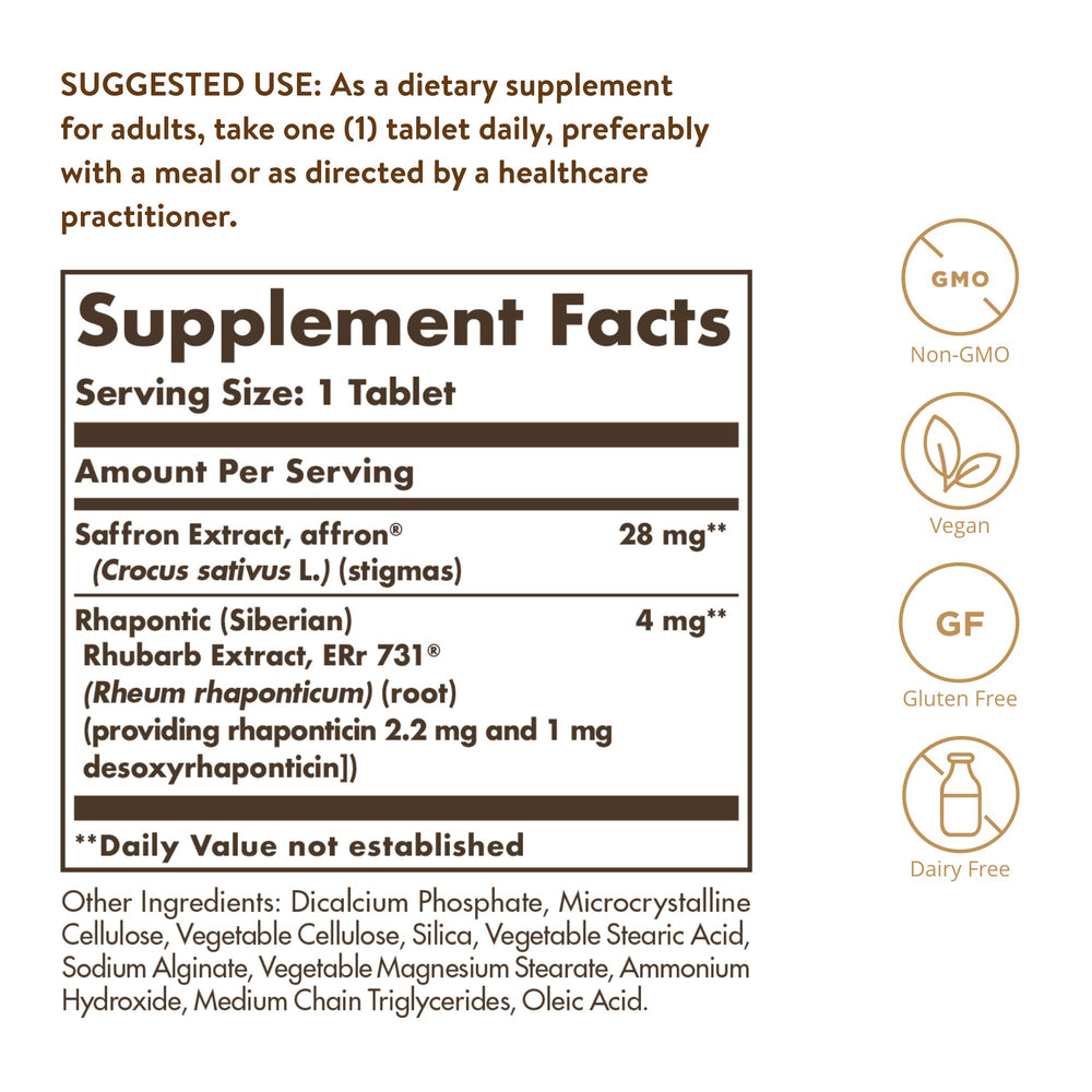 Solgar Menopause Relief bottle back view with dosage details for informed use.