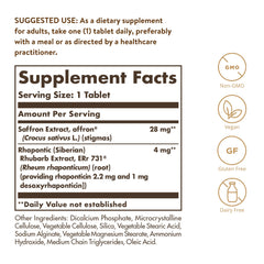 Solgar Menopause Relief bottle back view with dosage details for informed use.