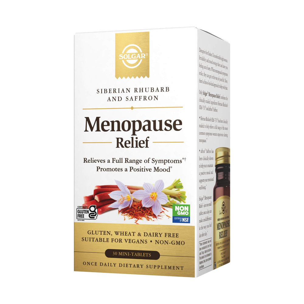 Solgar Menopause Relief bottle front view for daily use during menopause.