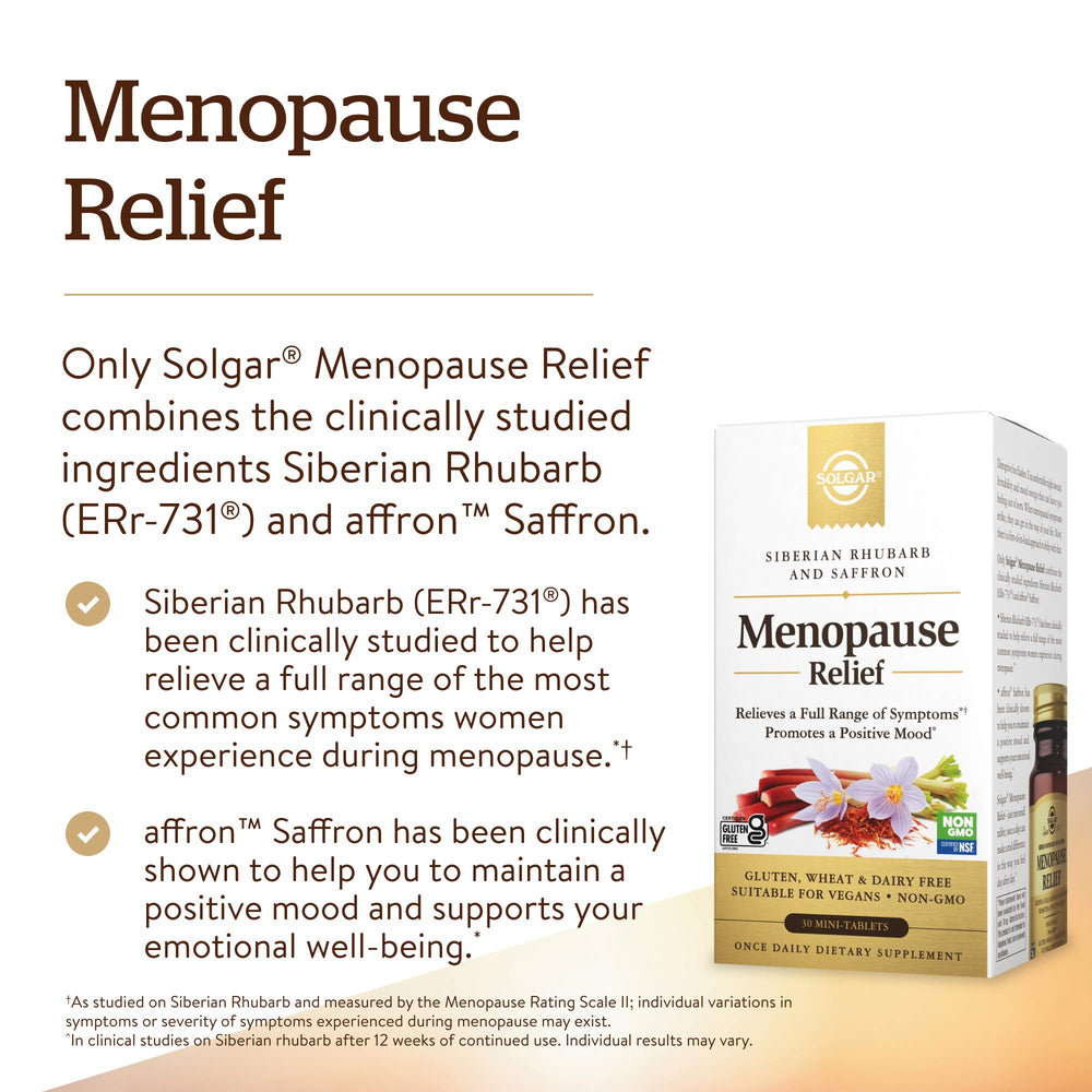 Solgar Menopause Relief tablets close-up, highlighting daily dosing option.