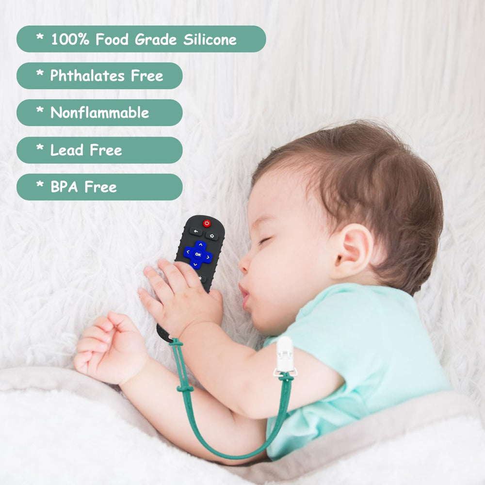 SOLIFEGOBLE remote teether black back view, durable silicone and playful shapes