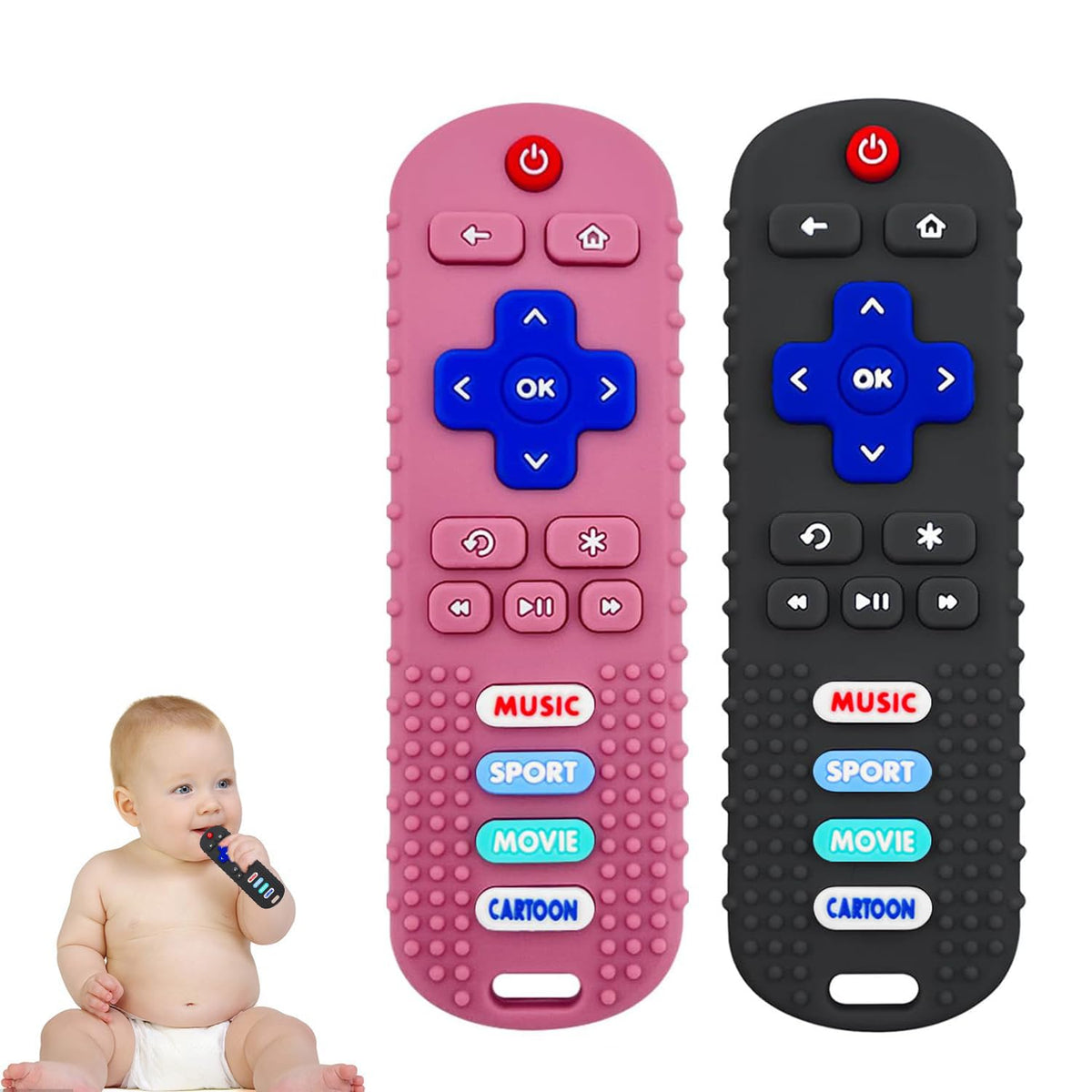 SOLIFEGOBLE baby remote teether in black, safe silicone chew toy for teething relief.