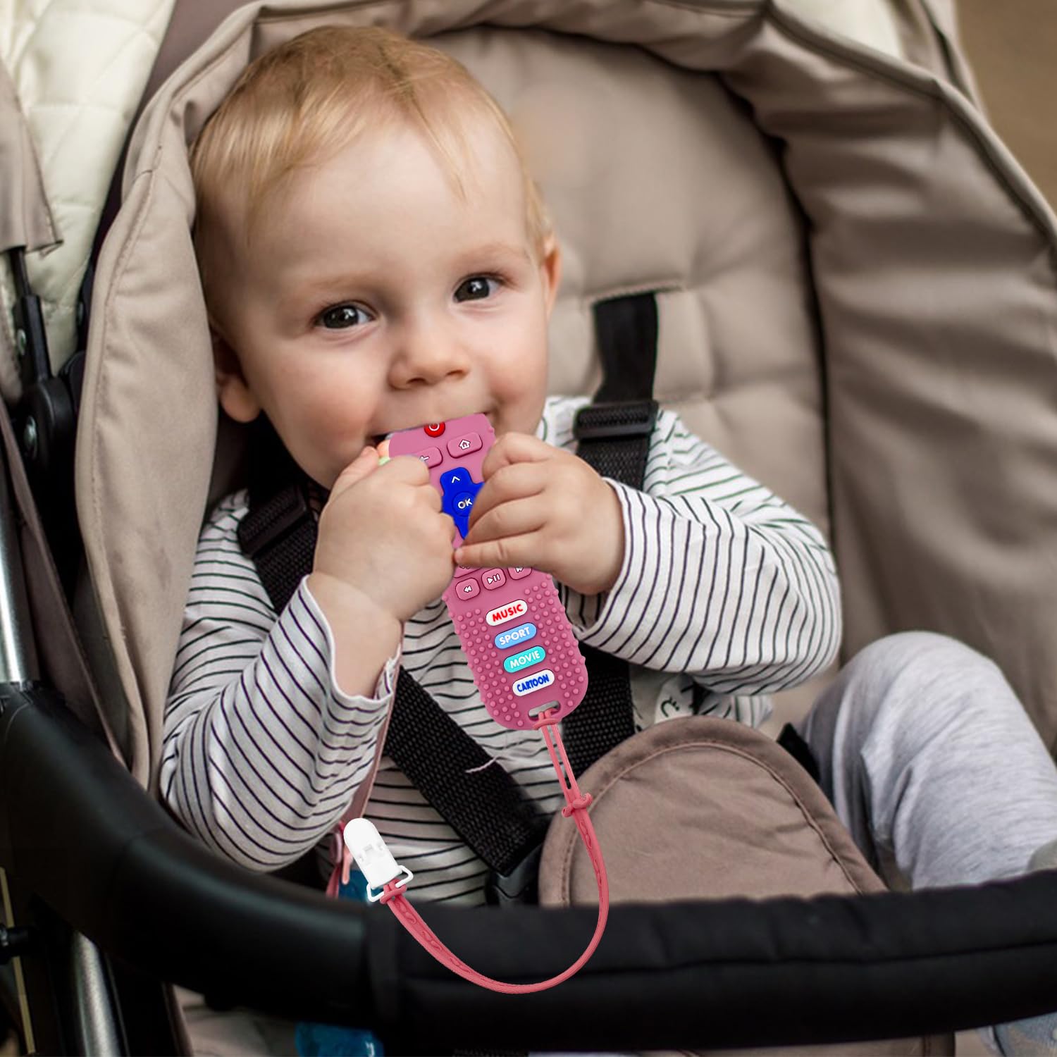 SOLIFEGOBLE black remote teether, side view showing textured buttons for gum soothing.