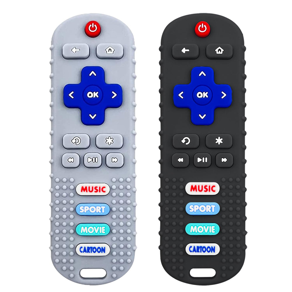 SOLIFEGOBLE remote teether gray front view, soft silicone for gentle gum relief during play
